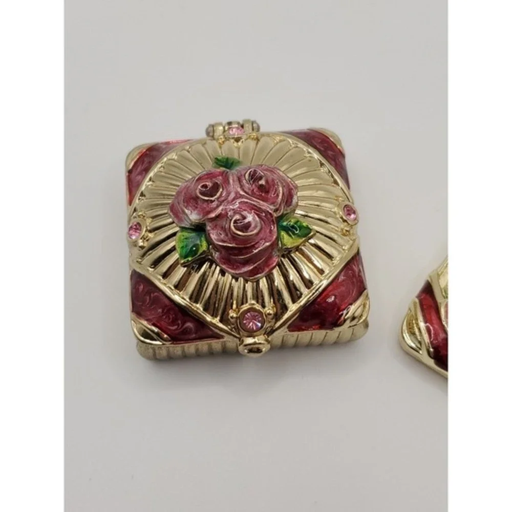 Jane Seymour Gift Present Trinket Pill‎ Jewlery Box & Mirror. Enamel Rose Flower